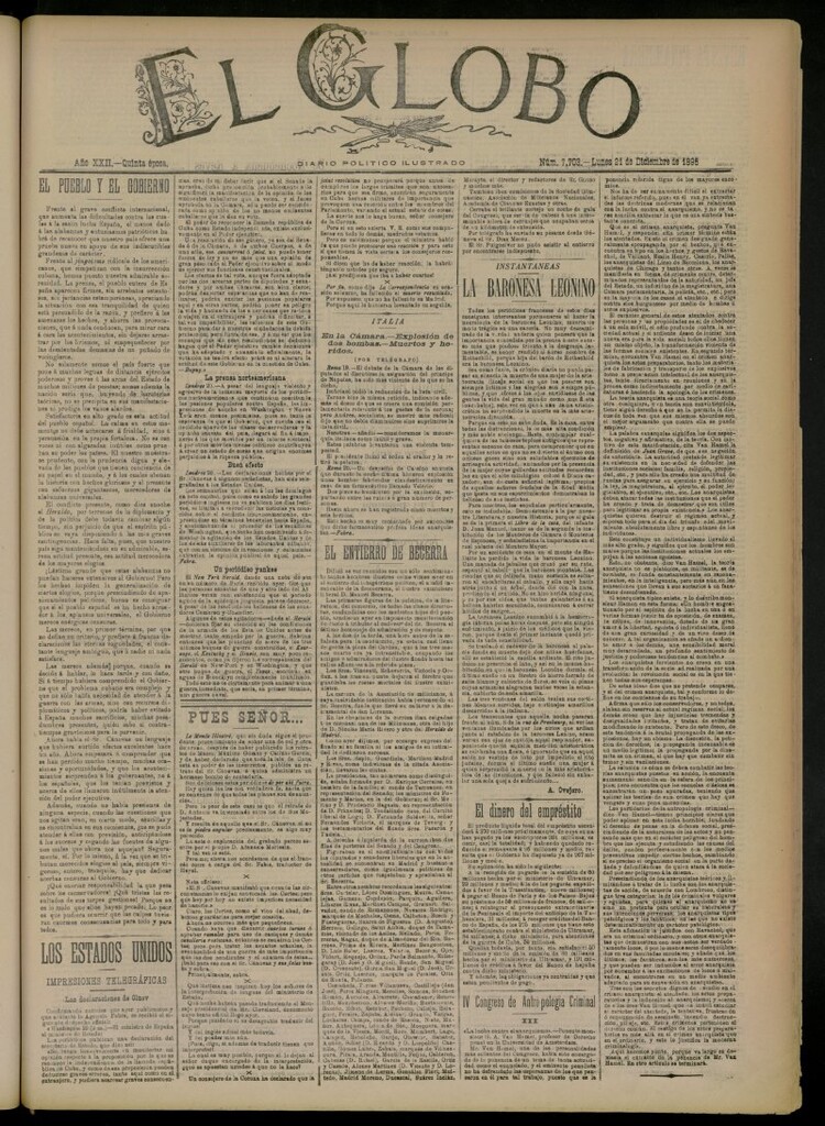 Miniatura de El Globo : diario ilustrado del 21 de diciembre de 1896, nº 7703
