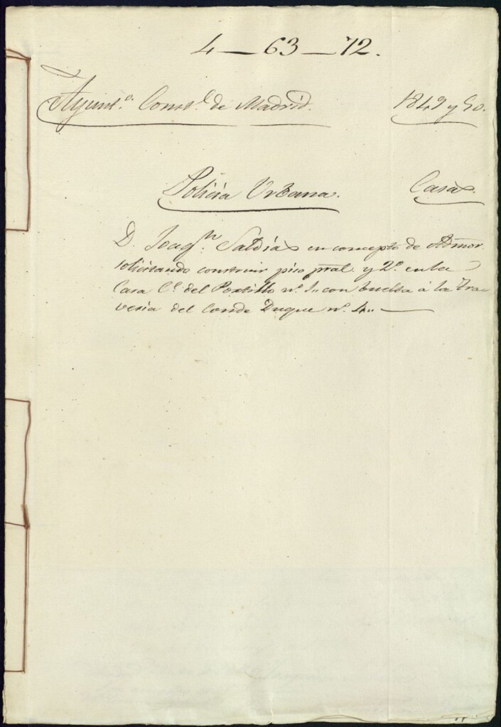 Miniatura de D. Joaquín Saldiás, en concepto de administrador solicitando construir piso principal y 2º, en la casa nº 1, calle del Portillo nº 4, de la travesía del Conde Duque.