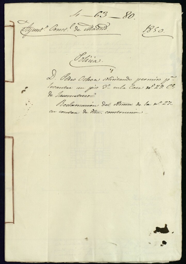 Miniatura de Don Pedro Ochoa, solicitando permiso para levantar un piso 3º en la casa nº 29 calle de Jacometrezo, manzana 365. Reclamación del Administrador de la nº 27.