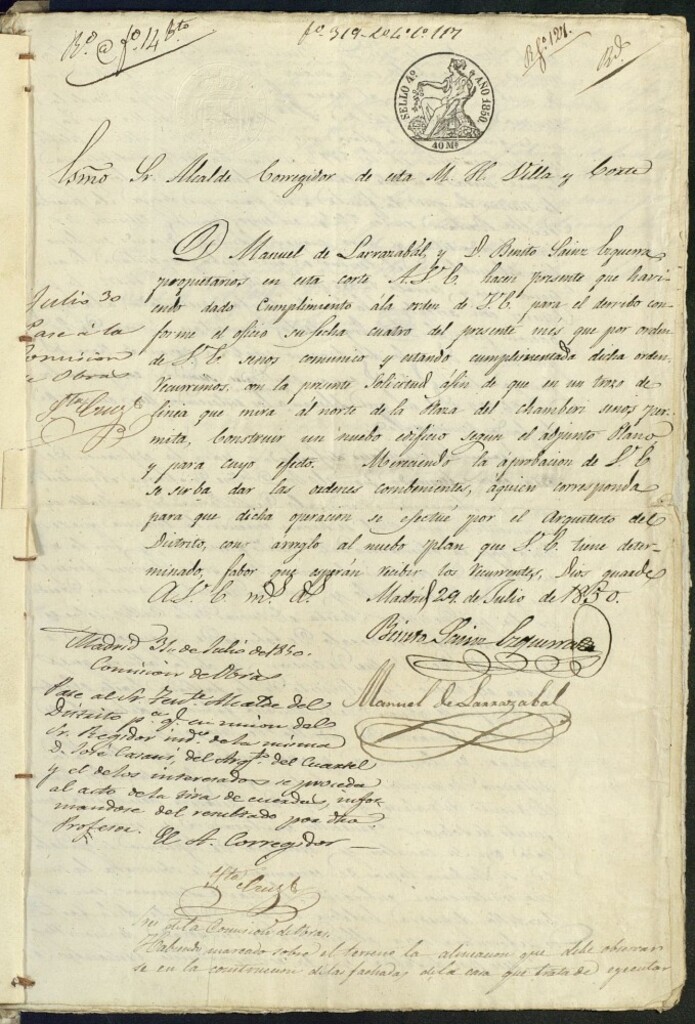 Miniatura de Don Benito Sainz de Ezquerra y don Manuel de Larrazábal, pidiendo permiso para edificar en la Plaza de Chamberí