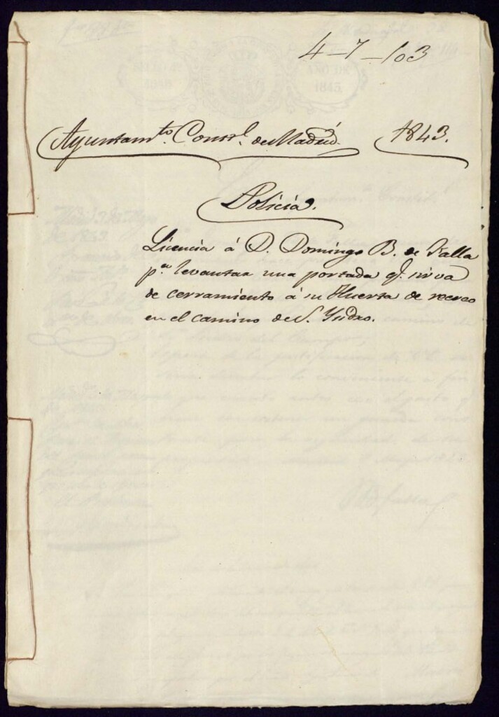 Miniatura de Licencia a don Domingo B. de Balla para levantar una portada que sirva de cerramiento a su Huerta de recreo en el camino de San Isidro.