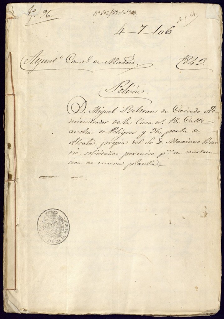 Miniatura de Don Miguel Beltrán de Caicedo, administrador de la casa, 18, calle ancha de Peligros y 36 por la de Alcalá propia del señor Mariano Barrio solicitando permiso para su construcción de nueva planta.