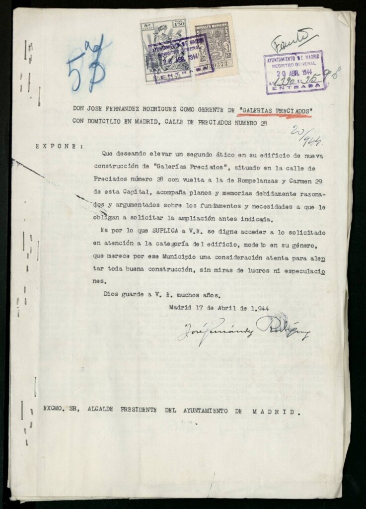 Miniatura de Elevación de un segundo ático en el edificio de Galerías Preciados, situado en la Calle de Preciados nº 28 con vuelta a Rompelanzas y Carmen nº 29.