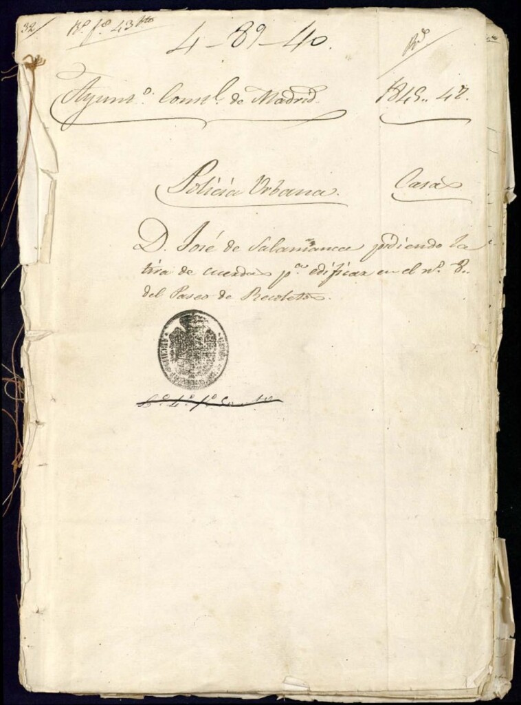 Miniatura de Don José de Salamanca pidiendo la tira de cuerdas para edificar en el número 3 antiguo y 8 moderno de la manzana 276, del Paseo de Recoletos