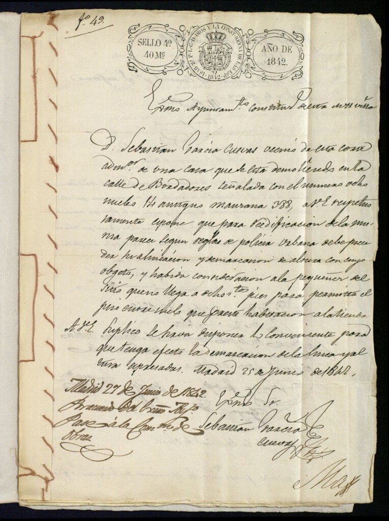 Miniatura de Don Sebastián García Cuevas, vecino de esta calle administrador de una casa que se cita demoliendo en la calle de Bordadores, señalada con el nº 8 nuevo, 14 antiguo manzana 388, para su posterior construcción.