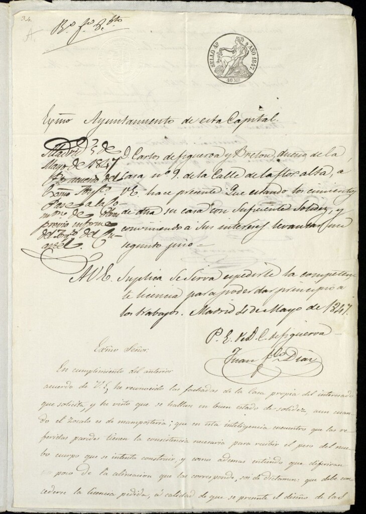 Miniatura de Don Carlos de Figueroa y Bretón, dueño de la casa número 9 de la calle de la Flor Alta solicita licencia para levantar una altura más.