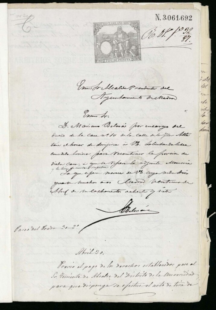 Miniatura de Expediente promovido por Don Mairano Belmás, arquitecto (en representación del dueño) en solicitud de licencia para reconstruir parte de la casa nº 10 de la calle de la Flor Alta.