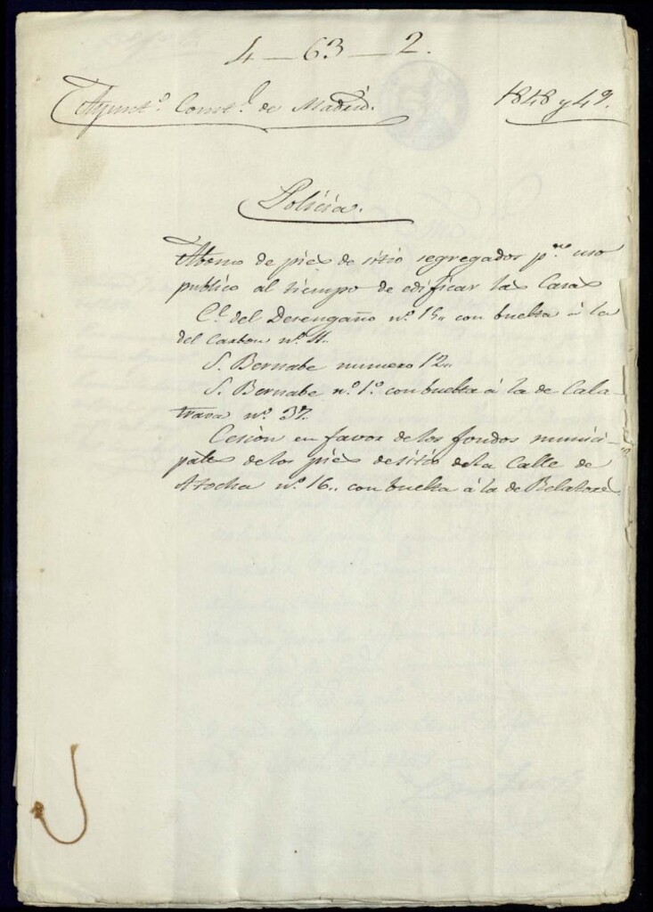 Miniatura de Abono de pies de sitio segregados para uso público tras edificar las casas en la calle del Desengaño, 15 con vuelta a la del Carbón, 11; San Bernabé, 1 con vuelta a la de Calatrava, 37; y calle de Atocha, 16 con vuelta a la de Relatores.