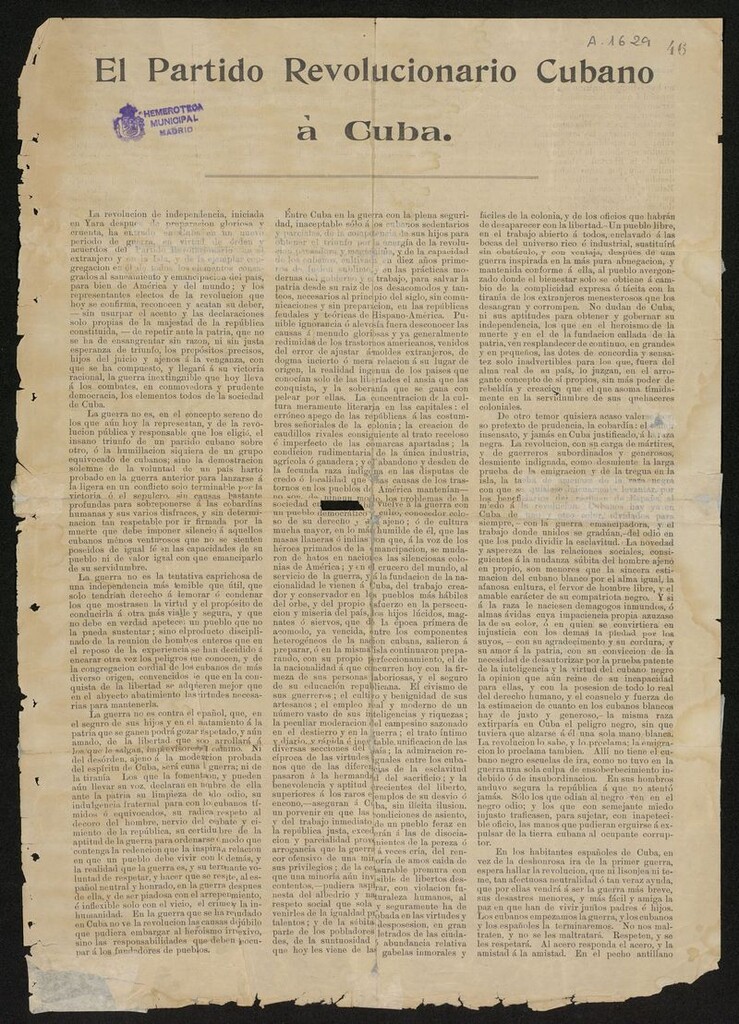 Miniatura de Manifiesto de Montecristi: El Partido Revolucionario Cubano a Cuba del 25 de marzo de 1895