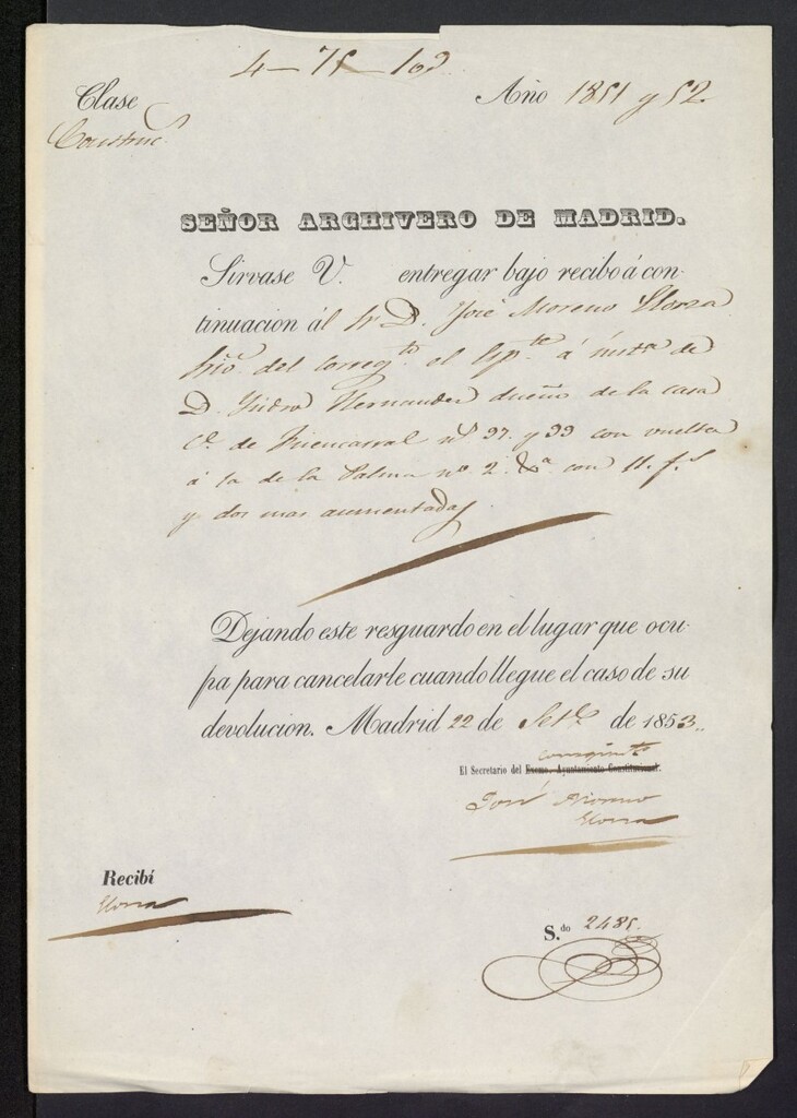 Miniatura de Resguardo del expediente de Don Isidro Hernández solicitando licencia para construir una casa en la calle de Fuencarral, 97-99 con vuelta a la de la Palma, 2