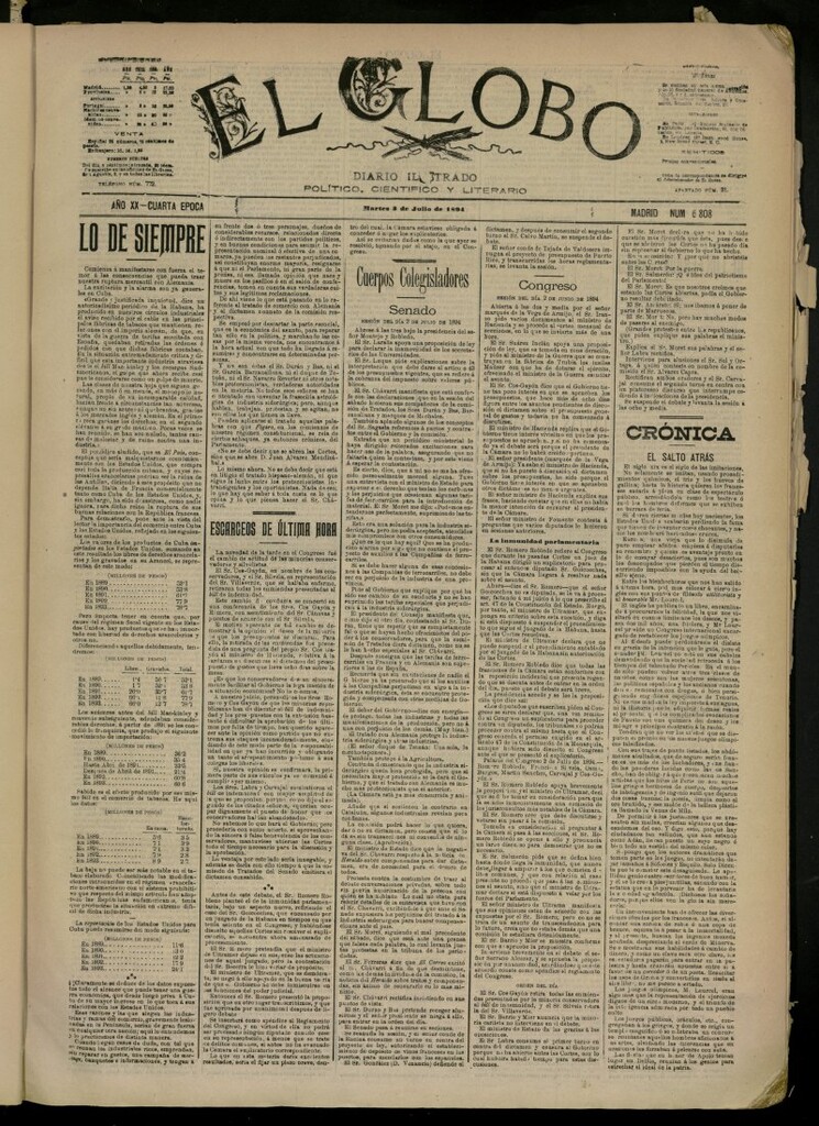 Miniatura de El Globo : diario ilustrado del 3 de julio de 1894, nº 6808 [sic]