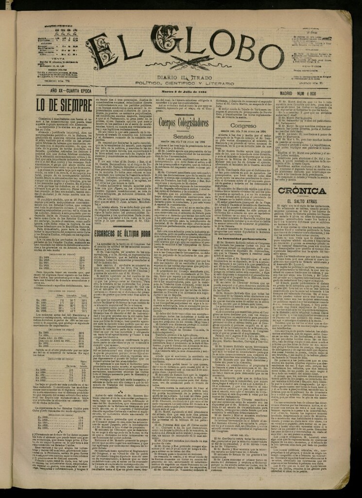 Miniatura de El Globo : diario ilustrado del 3 de julio de 1894, nº 6808 [sic]