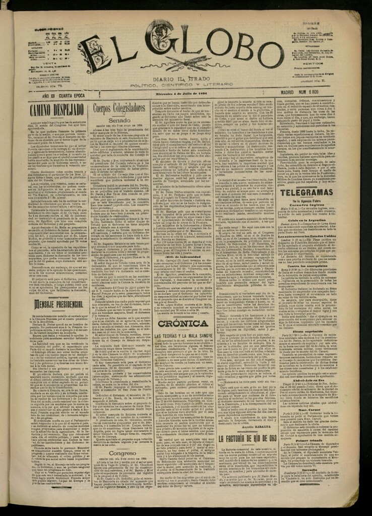 Miniatura de El Globo : diario ilustrado del 4 de julio de 1894, nº 6809