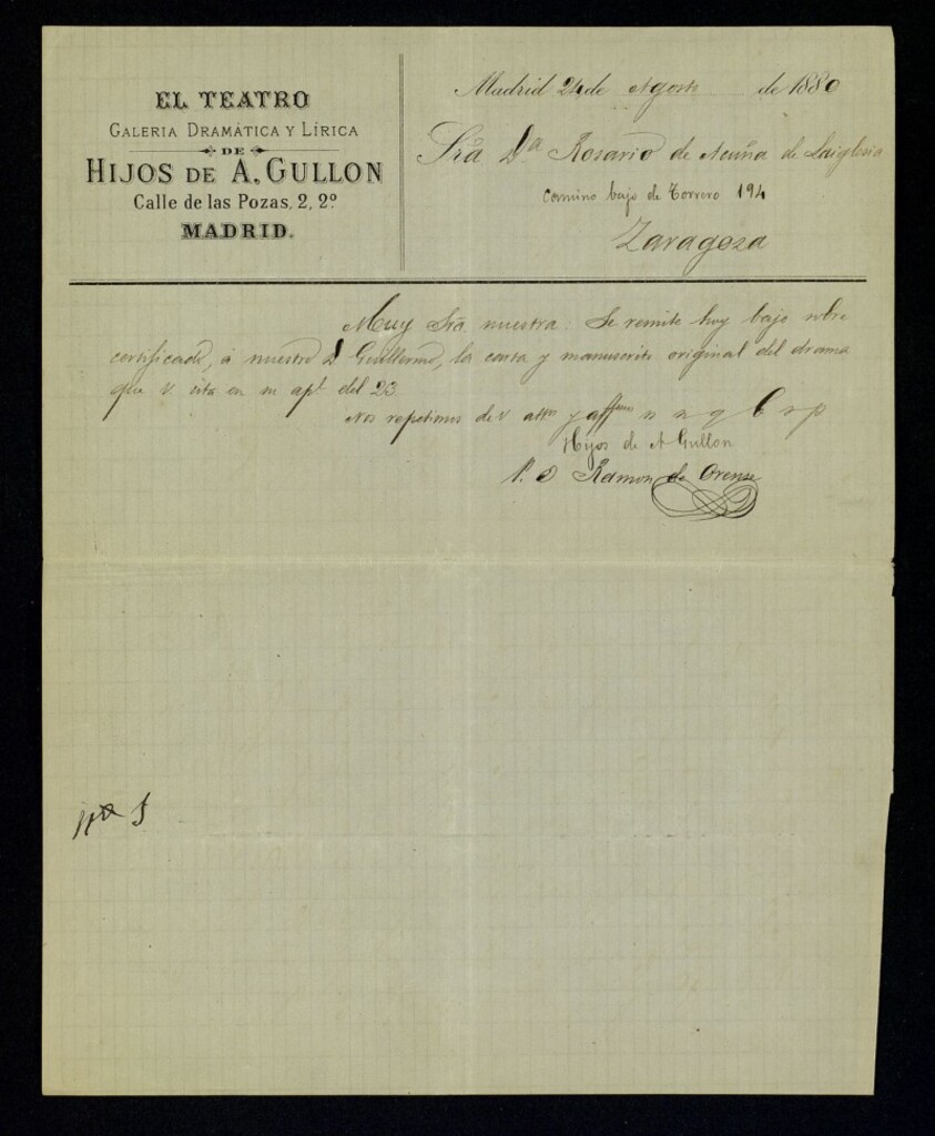 Miniatura de Carta de Hijos de A. Gullón. P.O. Ramón de Orense a Rosario de Acuña