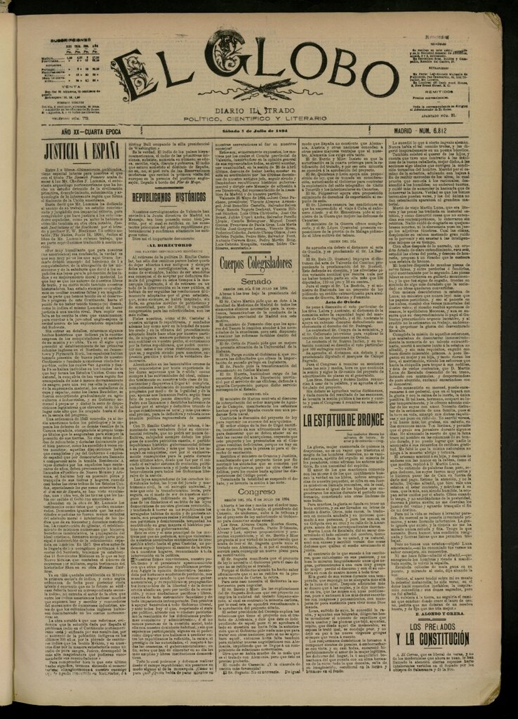Miniatura de El Globo : diario ilustrado del 7 de julio de 1894, nº 6812