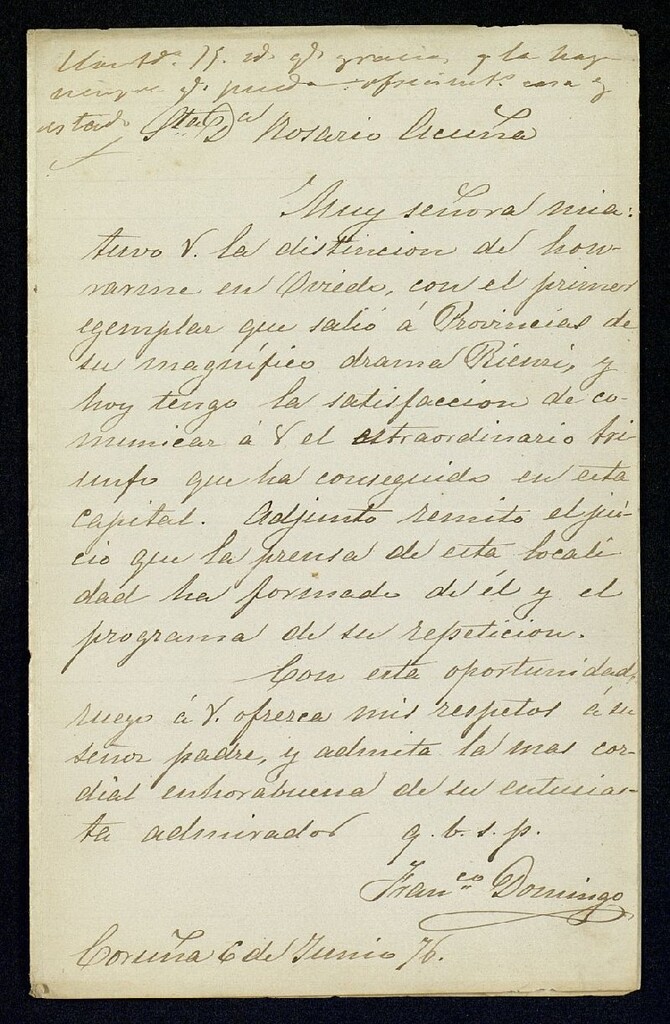 Miniatura de Carta de Francisco Domingo a Rosario de Acuña