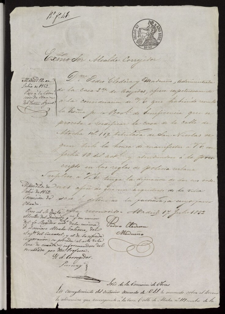 Miniatura de Licencia solicitada por Don Pedro Cledera y Madueño, administrador de la casa Segunda de Acogida, para la tira de cuerdas con el fin de reedificar la casa número 119 de la calle de Atocha, titulada de San Nicolás