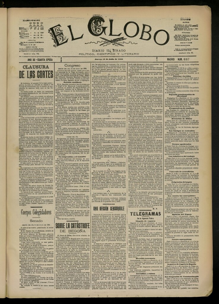 Miniatura de El Globo : diario ilustrado del 12 de julio de 1894, nº 6817