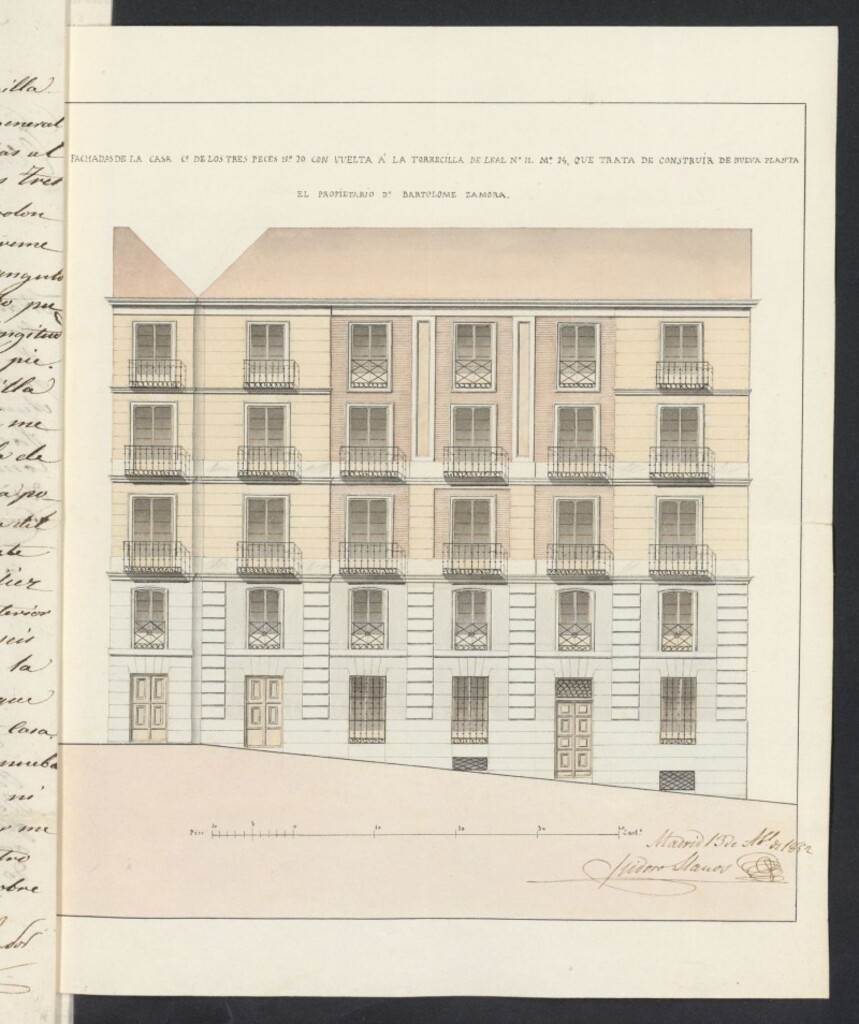 Miniatura de Licencia concedida a Don Bartolomé Zamora para construir de nueva planta en la calle de los Tres Peces, 20, con vuelta a la de Torrecilla del Leal, 11