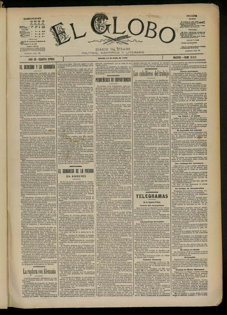Miniatura de El Globo : diario ilustrado del 14 de julio de 1894, nº 6819