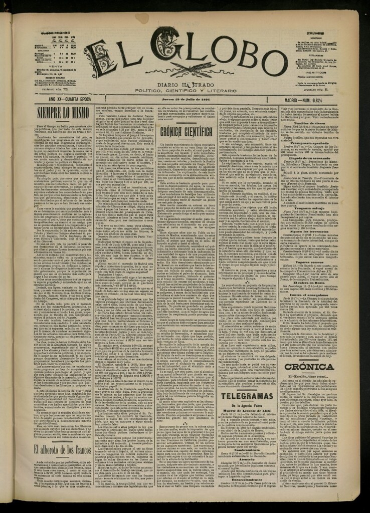 Miniatura de El Globo : diario ilustrado del 19 de julio de 1894, nº 6824