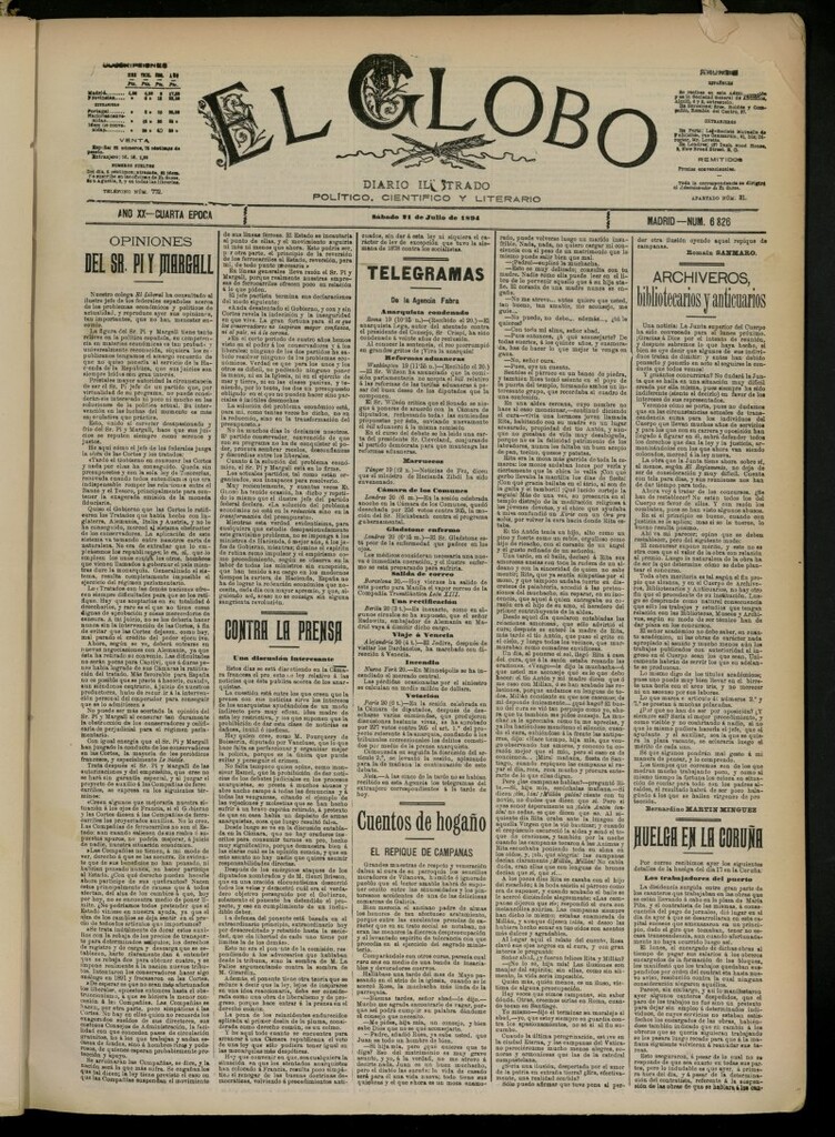 Miniatura de El Globo : diario ilustrado del 21 de julio de 1894, nº 6826
