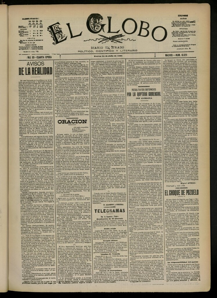 Miniatura de El Globo : diario ilustrado del 24 de julio de 1894, nº 6829