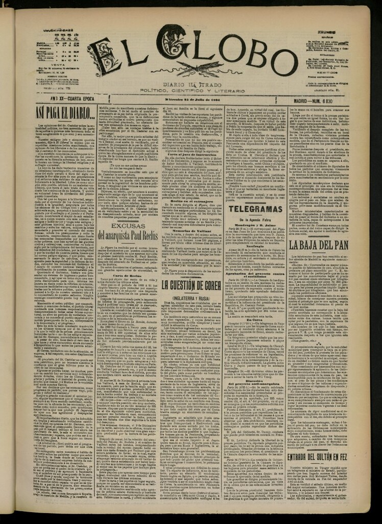 Miniatura de El Globo : diario ilustrado del 25 de julio de 1894, nº 6830