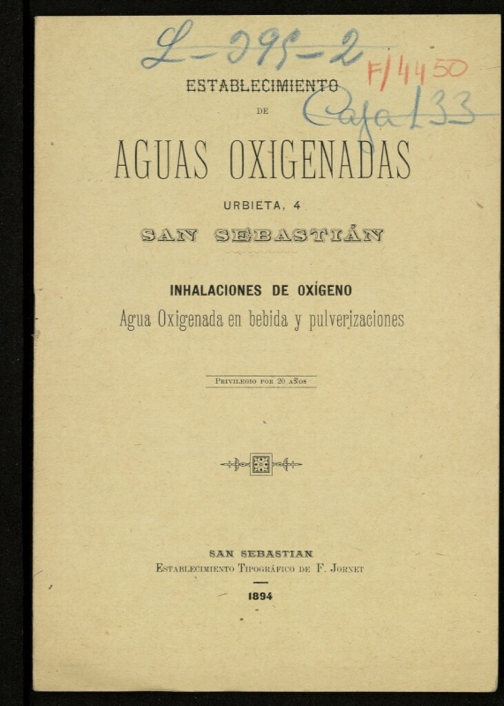 Miniatura de Establecimiento de aguas oxigenadas (San Sebastián), inhalaciones de oxígeno, agua oxigenada en bebida y pulverizaciones