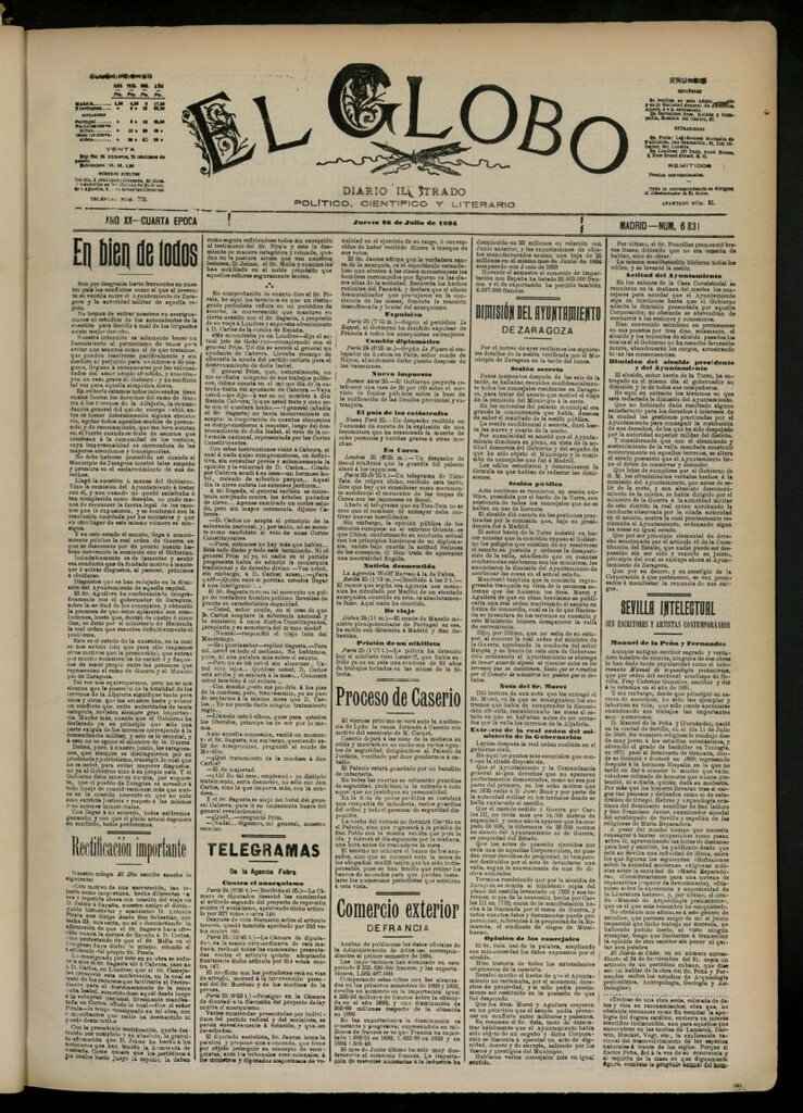 Miniatura de El Globo : diario ilustrado del 26 de julio de 1894, nº 6831