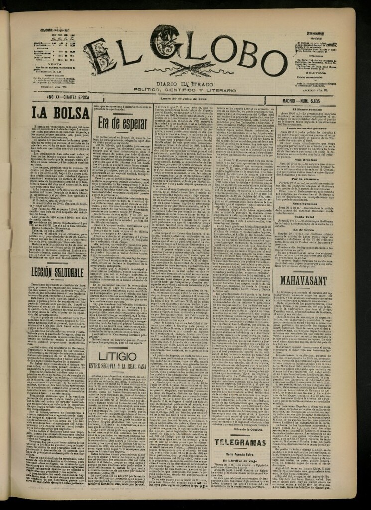 Miniatura de El Globo : diario ilustrado del 30 de julio de 1894, nº 6835