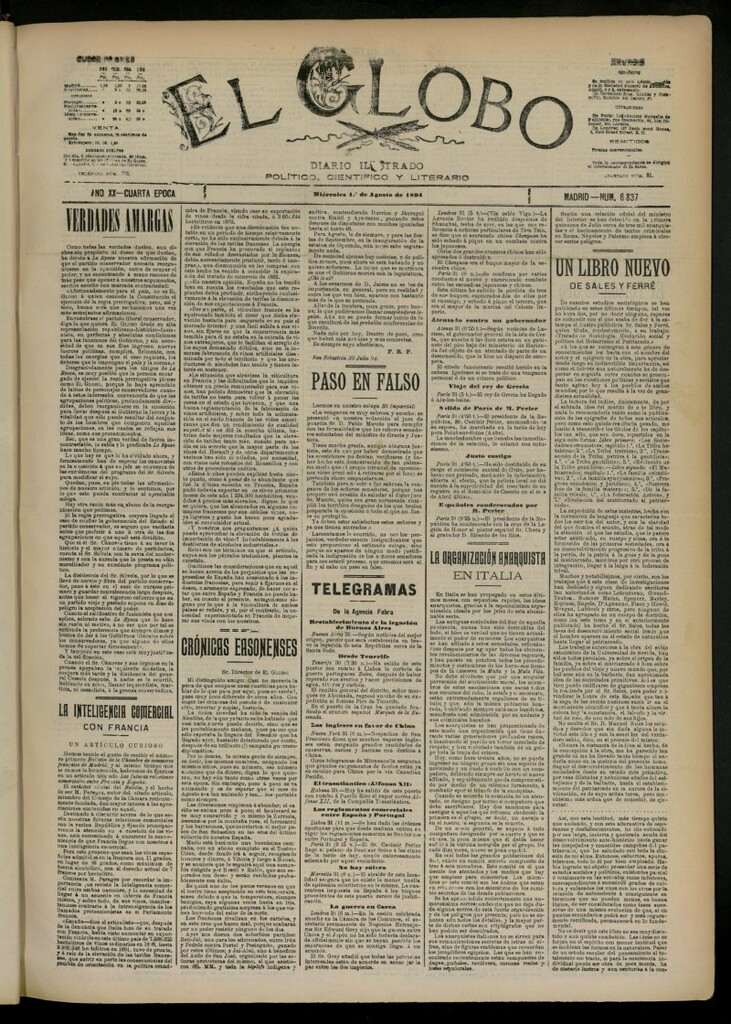 Miniatura de El Globo : diario ilustrado del 1 de agosto de 1894, nº 6837