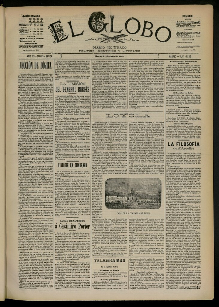 Miniatura de El Globo : diario ilustrado del 31 de julio de 1894, nº 6836