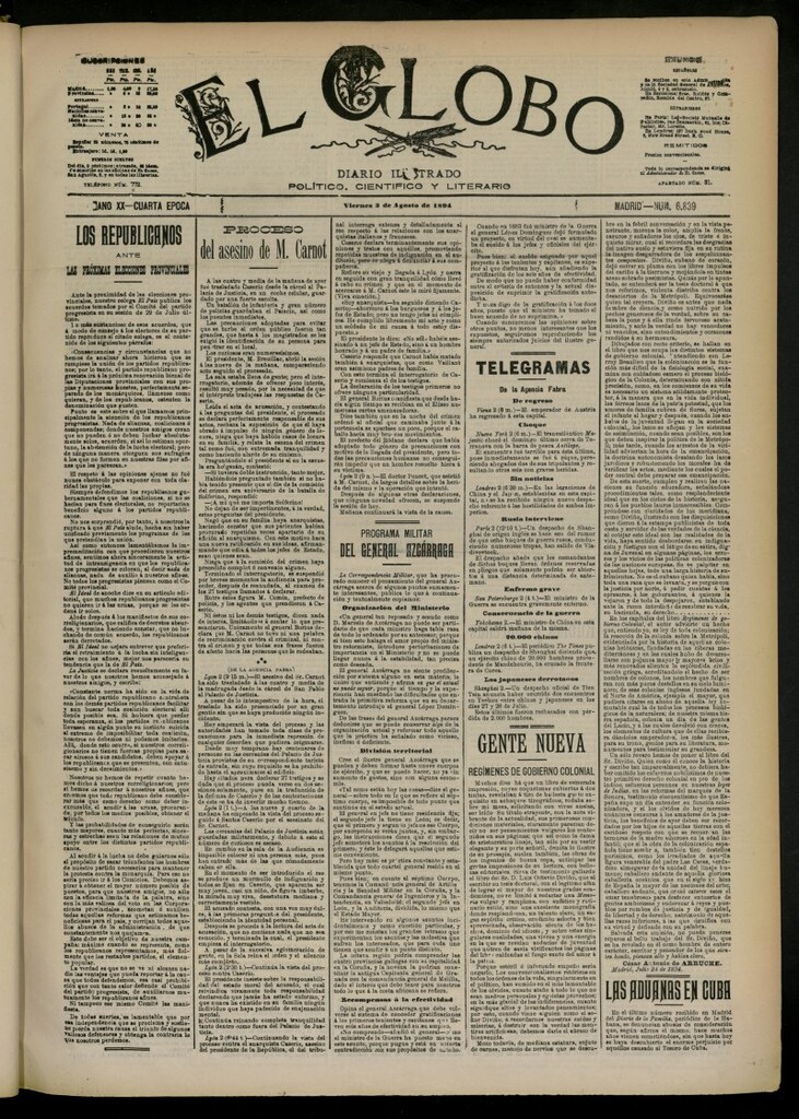 Miniatura de El Globo : diario ilustrado del 3 de agosto de 1894, nº 6839