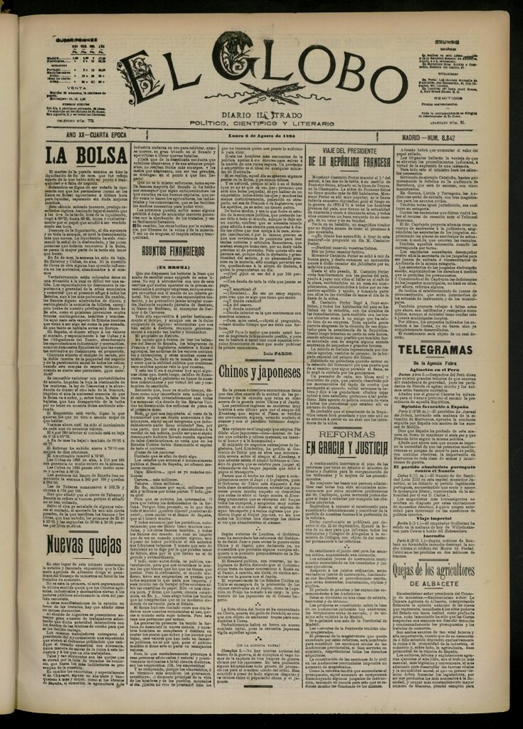 Miniatura de El Globo : diario ilustrado del 6 de agosto de 1894, nº 6842