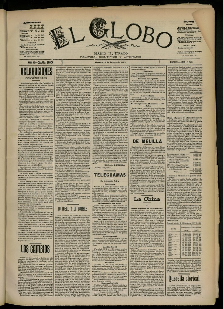 Miniatura de El Globo : diario ilustrado del 10 de agosto de 1894, nº 6846