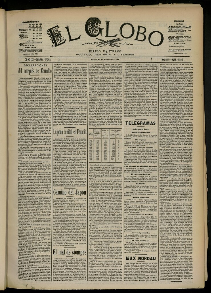 Miniatura de El Globo : diario ilustrado del 14 de agosto de 1894, nº 6850