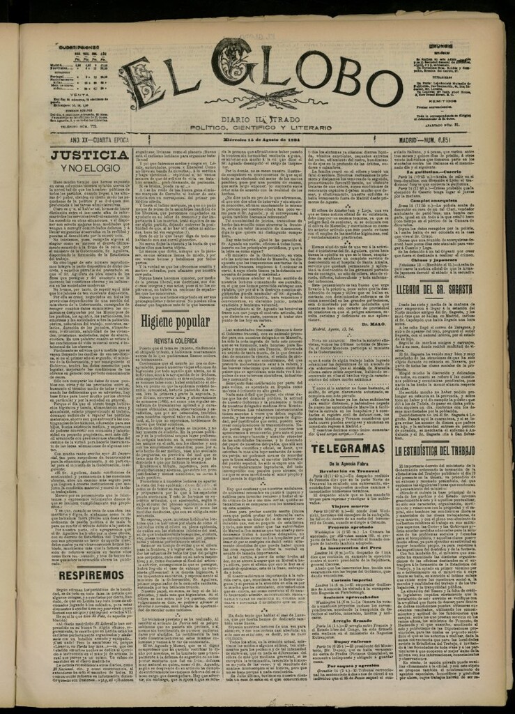 Miniatura de El Globo : diario ilustrado del 15 de agosto de 1894, nº 6851