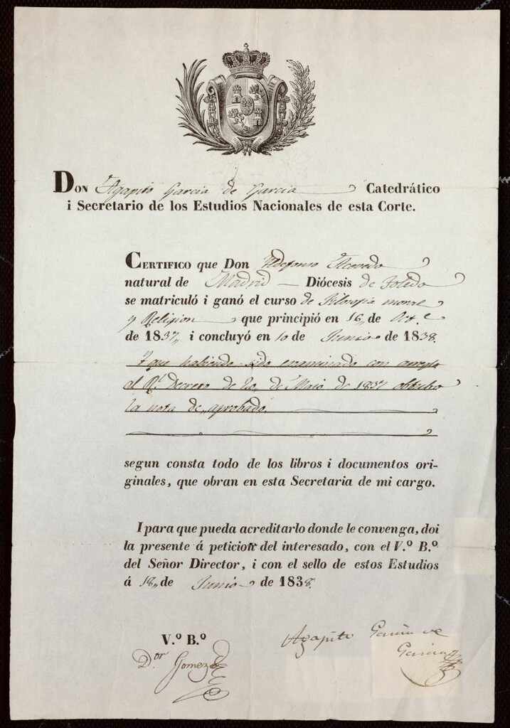 Miniatura de Certificado de D. Alfonso Acevedo tras haber aprobado el curso de “Filosofía moral y religión”