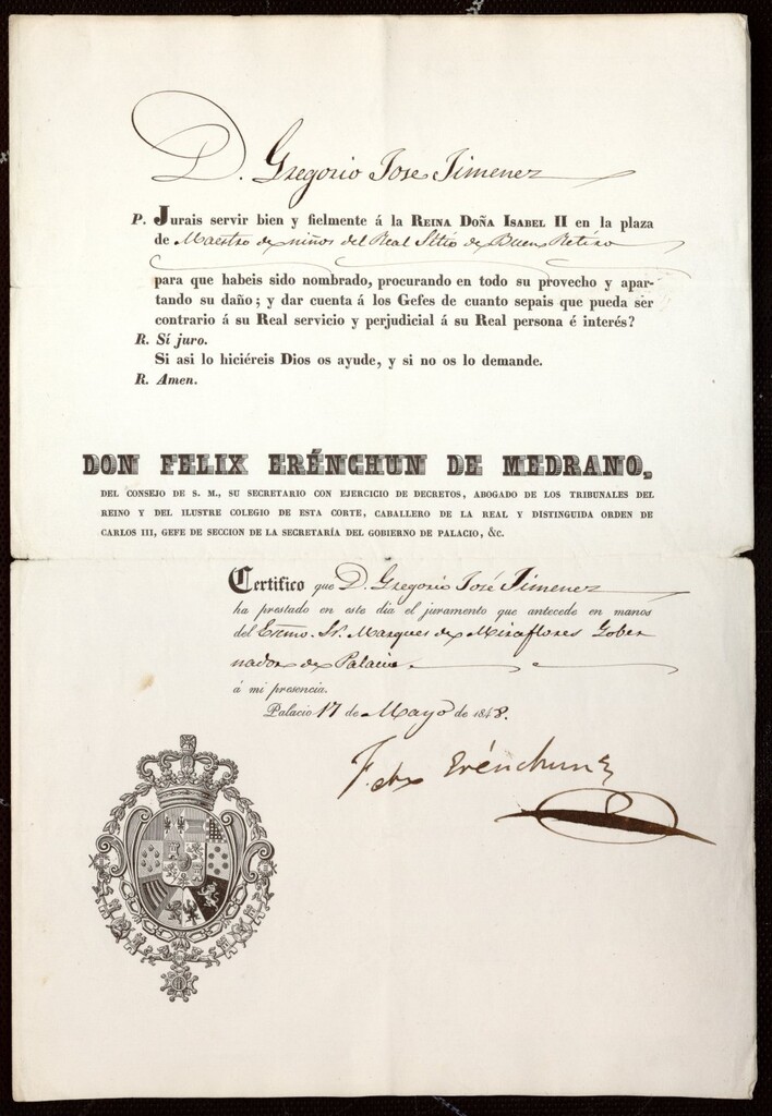 Miniatura de Juramento de D. Gregorio José Jiménez para su plaza como maestro de niños del Real Sitio de Buen Retiro