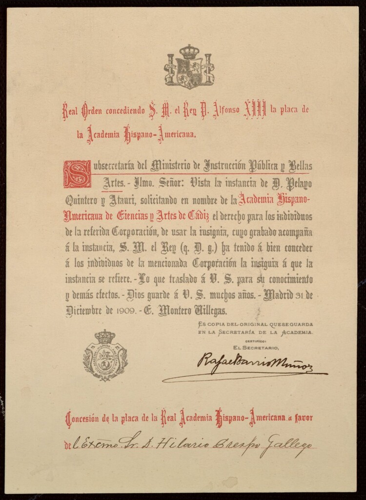 Miniatura de Concesión de la placa de la Real Academia Hispano-Americana a favor del Excmo. Sr. D. Hilario Crespo Gallego