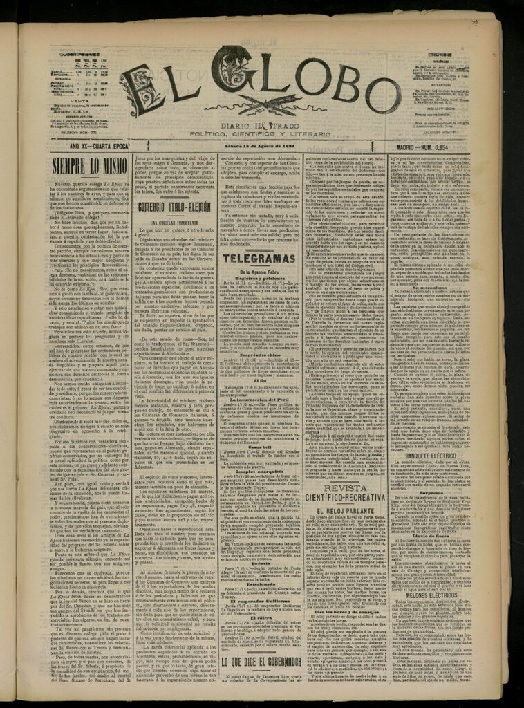 Miniatura de El Globo : diario ilustrado del 18 de agosto de 1894, nº 6854