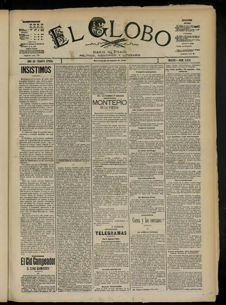 Miniatura de El Globo : diario ilustrado del 22 de agosto de 1894, nº 6858