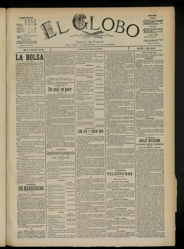 Miniatura de El Globo : diario ilustrado del 27 de agosto de 1894, nº 6863