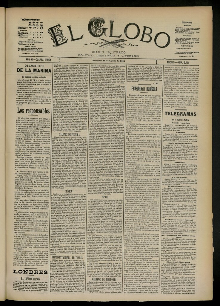 Miniatura de El Globo : diario ilustrado del 29 de agosto de 1894, nº 6865