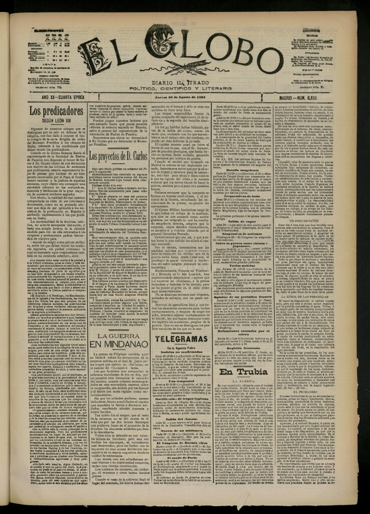 Miniatura de El Globo : diario ilustrado del 30 de agosto de 1894, nº 6866