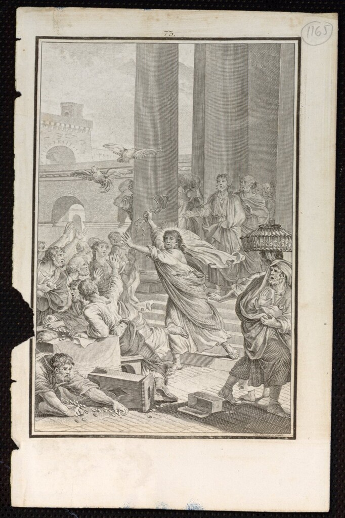 Miniatura de Jesús expulsa a los mercaderes del Templo