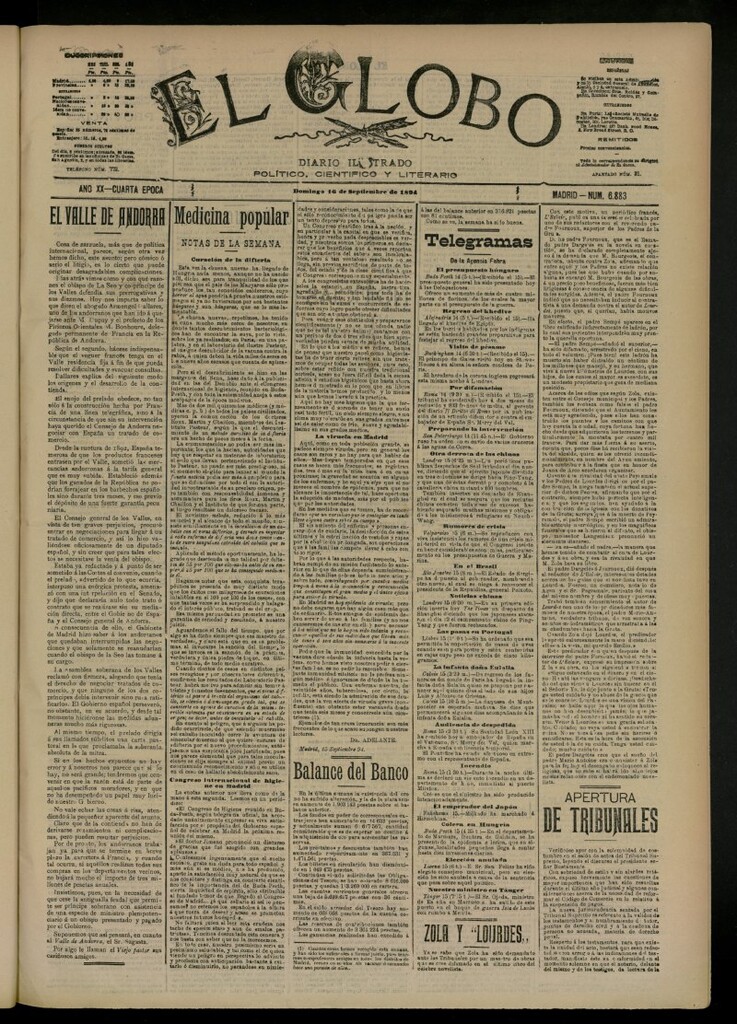 Miniatura de El Globo : diario ilustrado del 16 de septiembre de 1894, nº 6883