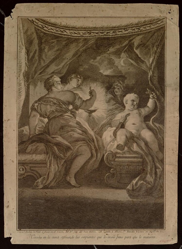 Miniatura de Hércules en la cuna sufocando las serpientes que le envío Juno para que le matarsen