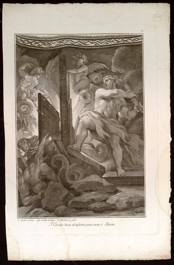Miniatura de Hércules baja al infierno para sacar a Álcestes